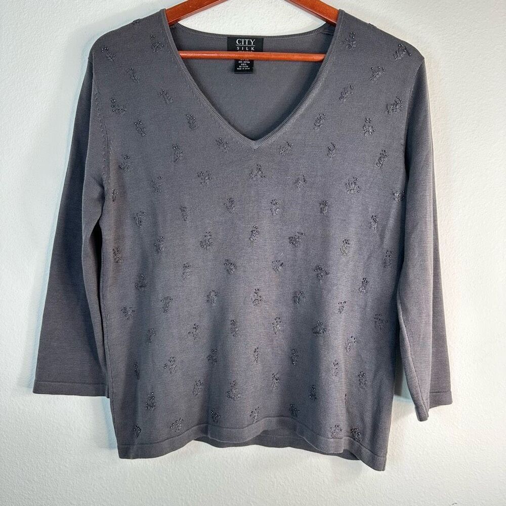 Vintage‎ City Silk Knitwear Gray Boho Embroidered Sweater Silk Cotton Large